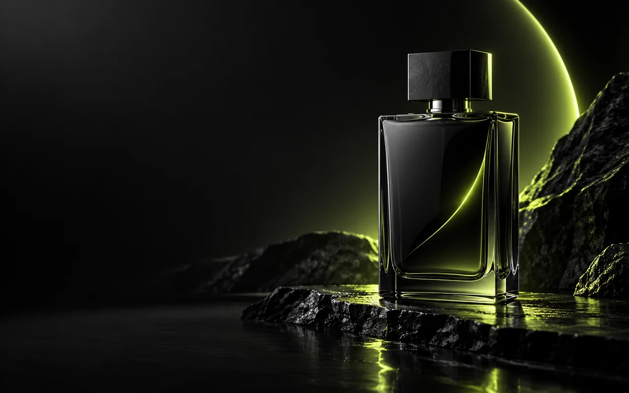 Luxury black fragrance bottle with a luminous acid-lime halo