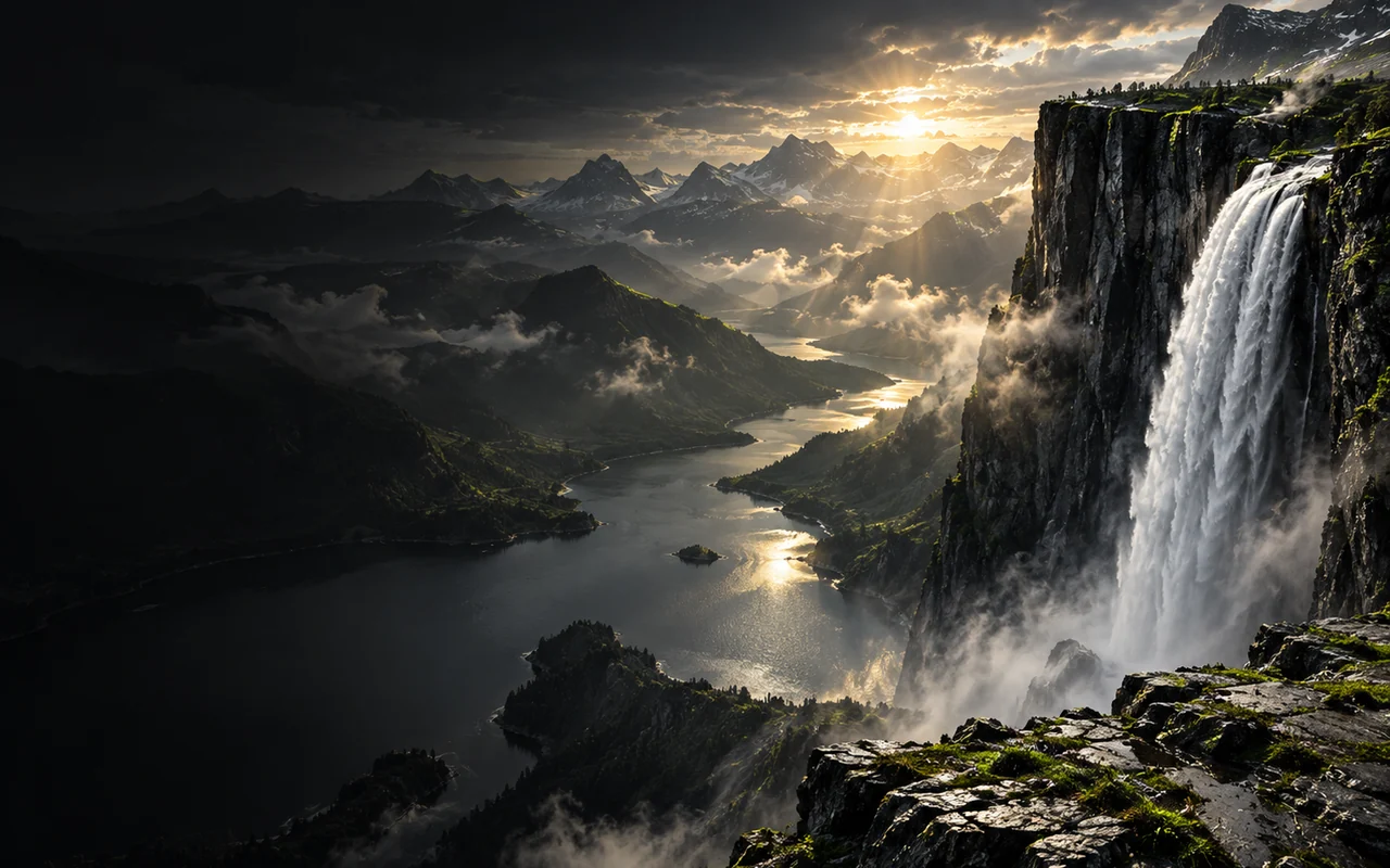 Epic mountain valley and waterfall rendered with cinematic scale