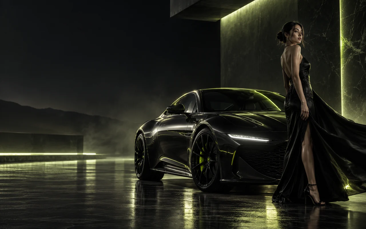 Luxury automotive campaign with a black car and editorial model