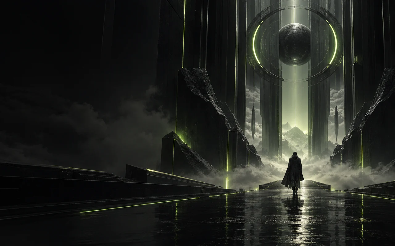 Lone figure approaching a monumental futuristic portal