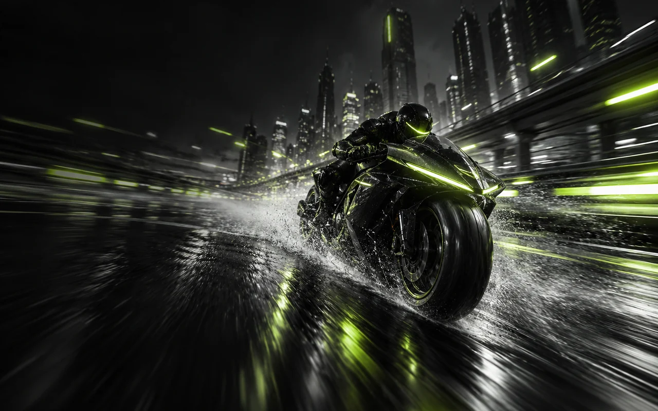 Futuristic motorcycle racing through a wet neon city