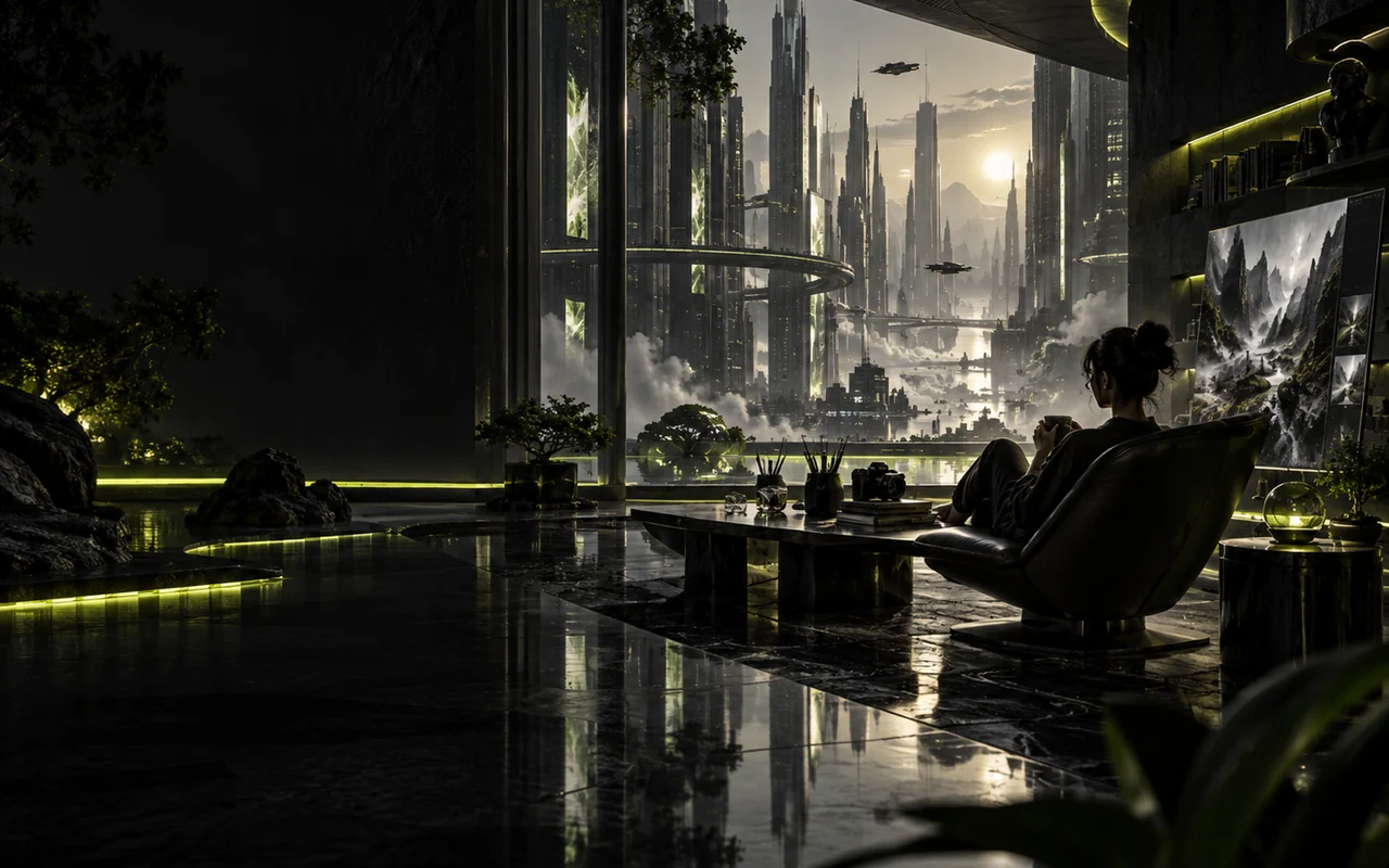 Future creative studio overlooking an intricate cinematic city