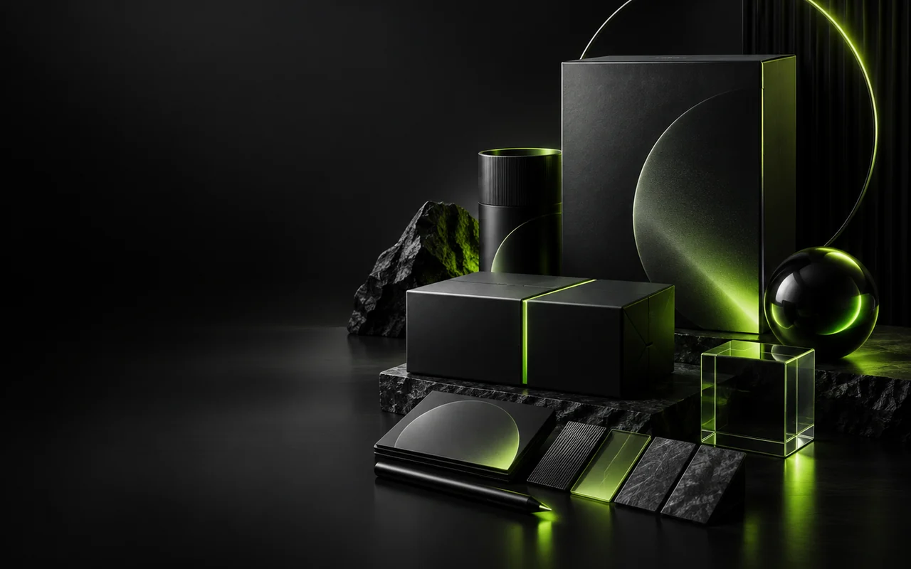 Premium black and acid-lime brand system with packaging objects