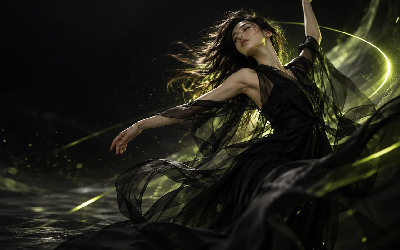Cinematic dancer in flowing black fabric and lime light