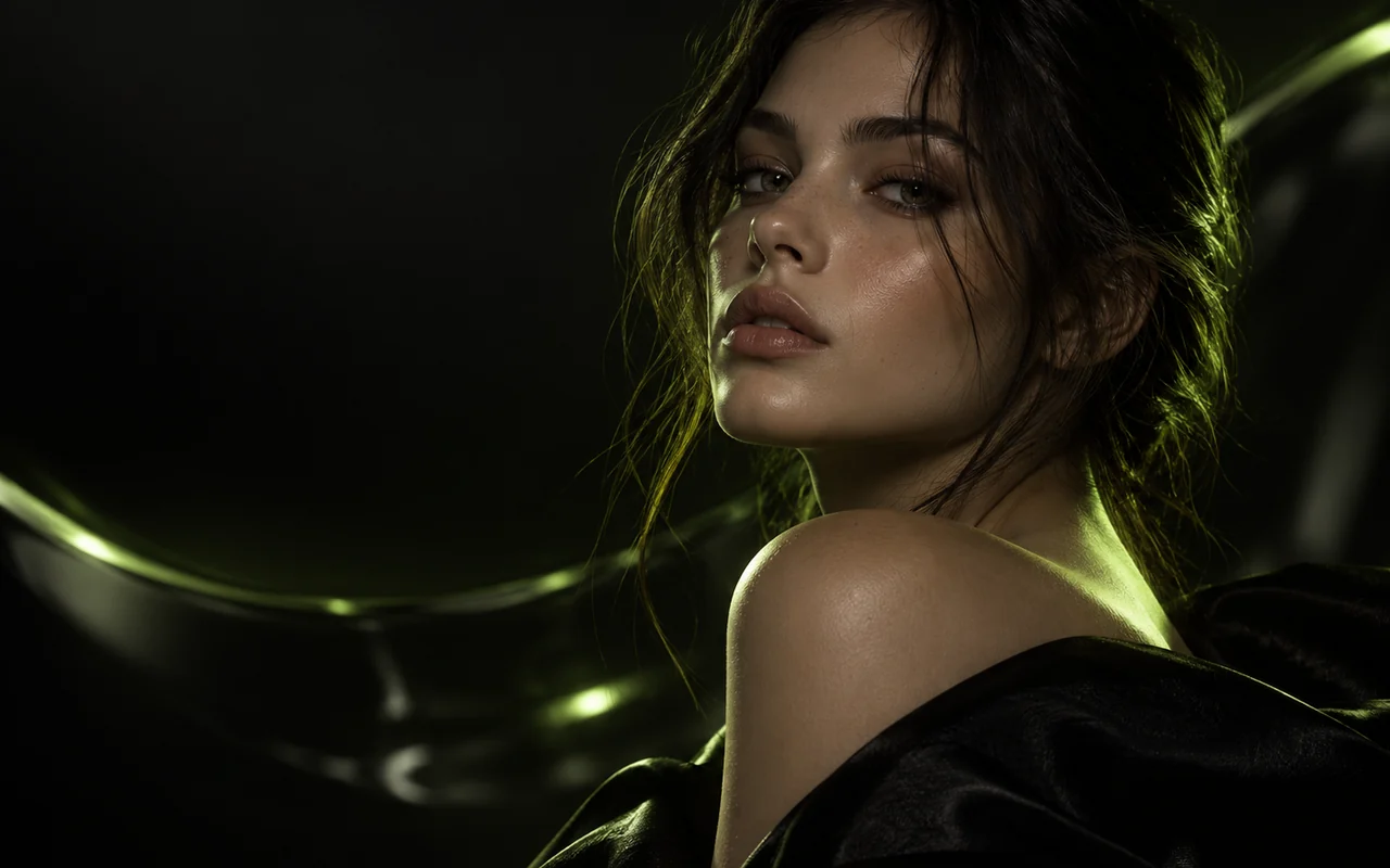 Cinematic editorial portrait with restrained acid-lime rim light