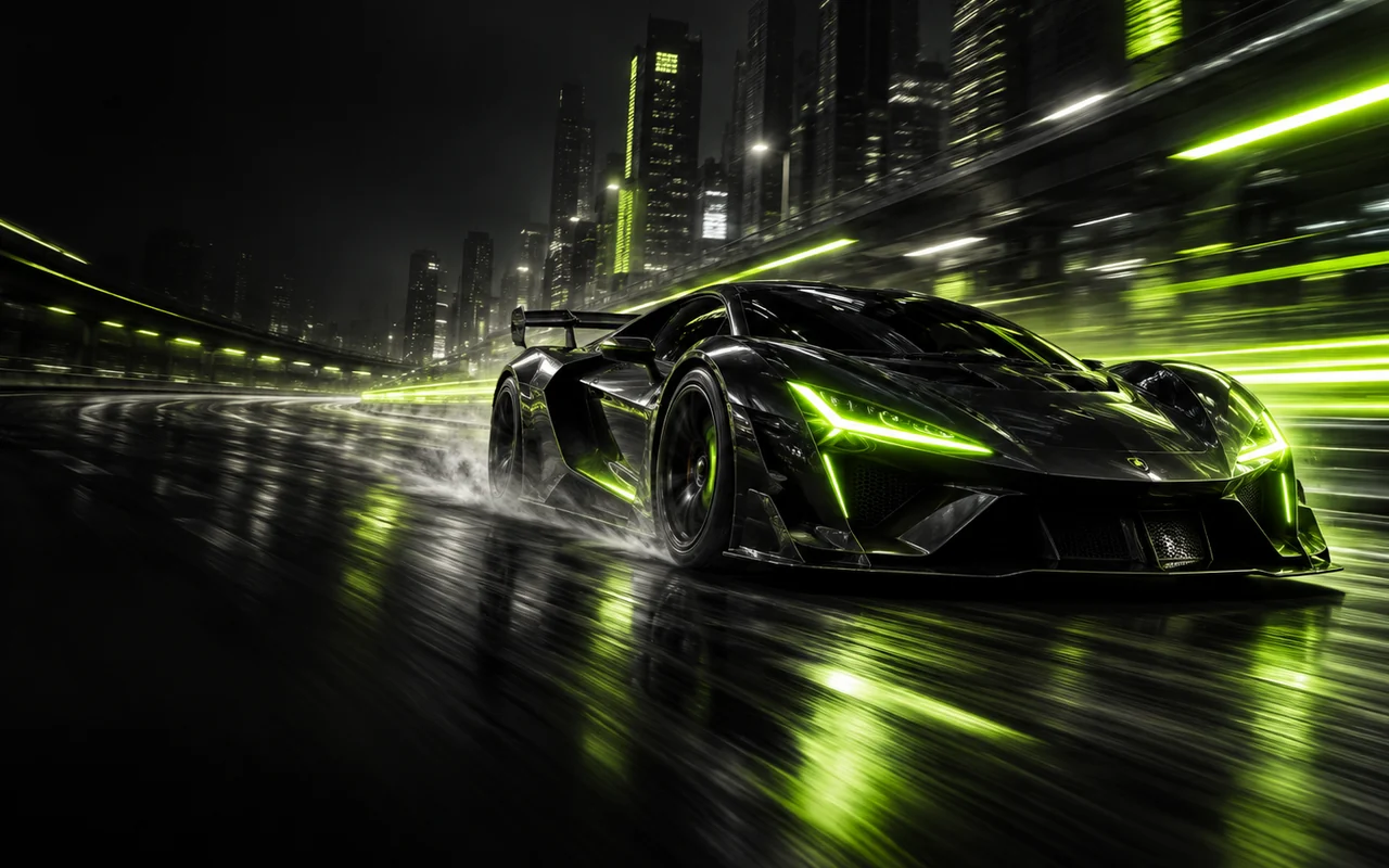 Black performance car moving through an acid-lime night city